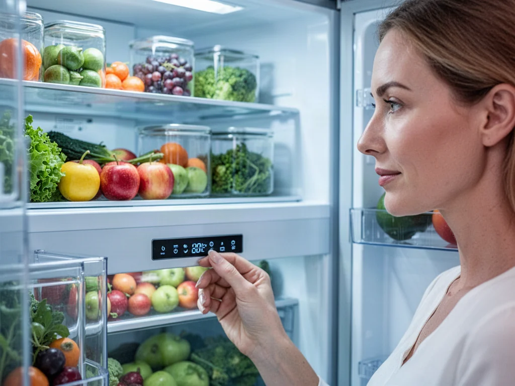Kobieta ustawia temperaturę na cyfrowym panelu nowoczesnej lodówki wypełnionej świeżymi produktami.