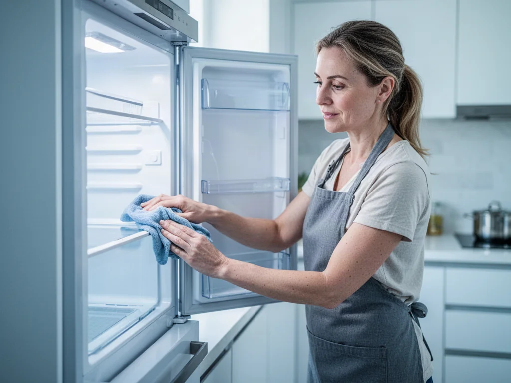 Kobieta w fartuchu wyciera wnętrze otwartej lodówki ściereczką w nowoczesnej, jasnej kuchni.