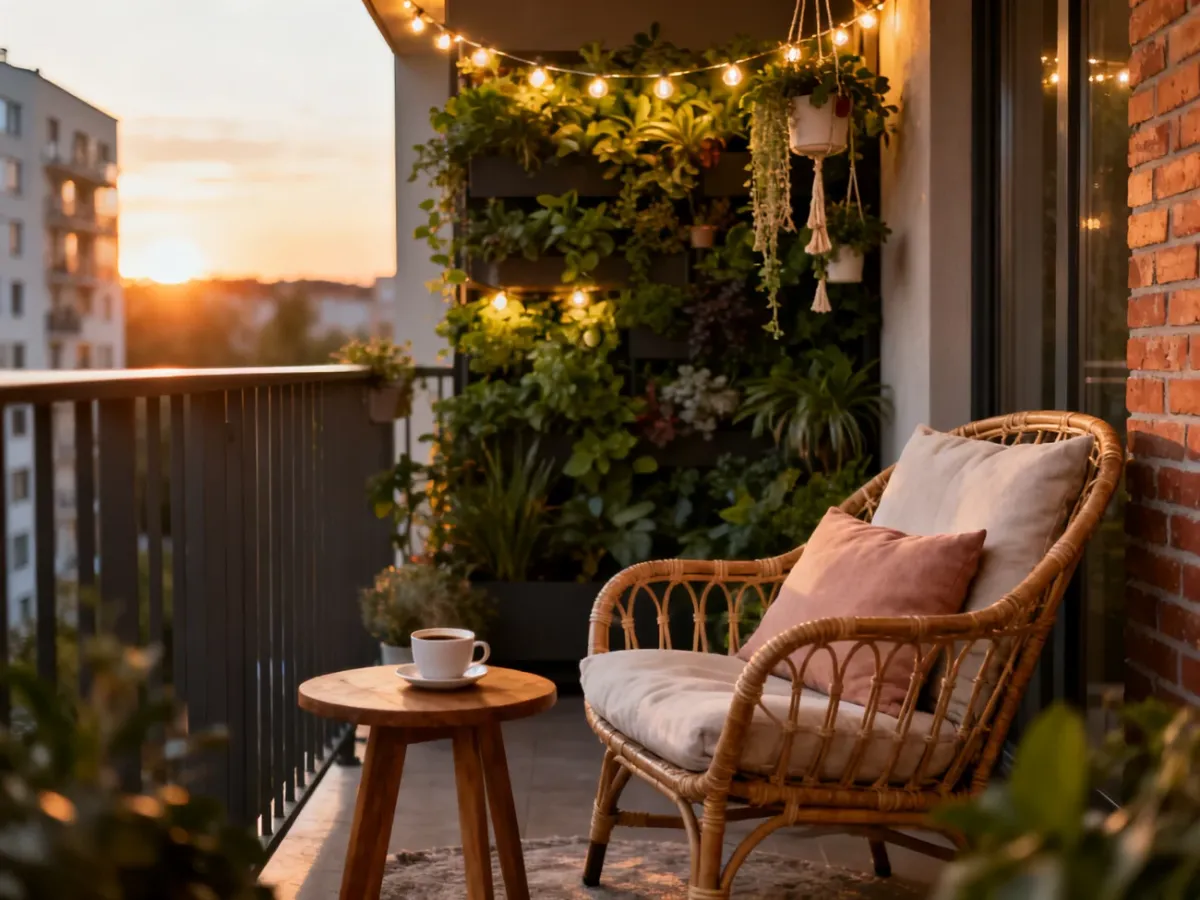 Przytulny balkon w bloku z rattanowym fotelem, stolikiem z kawą oraz pionowym ogrodem i nastrojowym oświetleniem.