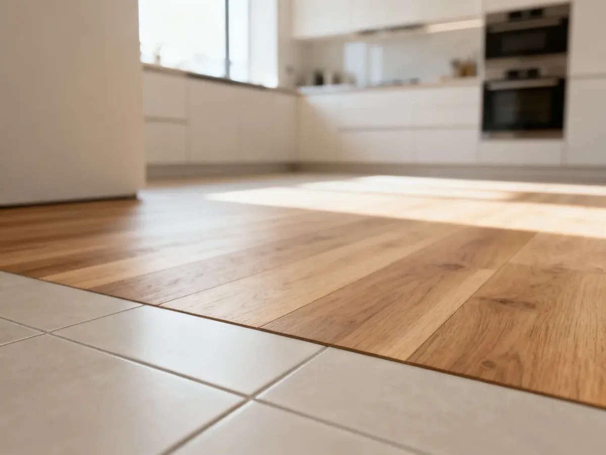 Nowoczesne połączenie jasnego drewna i eleganckich płytek ceramicznych na podłodze w stylowej kuchni.
