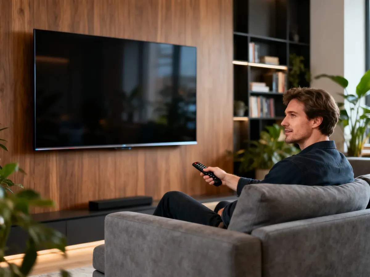 Nowoczesny salon z dużym telewizorem zamontowanym na drewnianej ścianie oraz mężczyzna korzystający z pilota na kanapie.