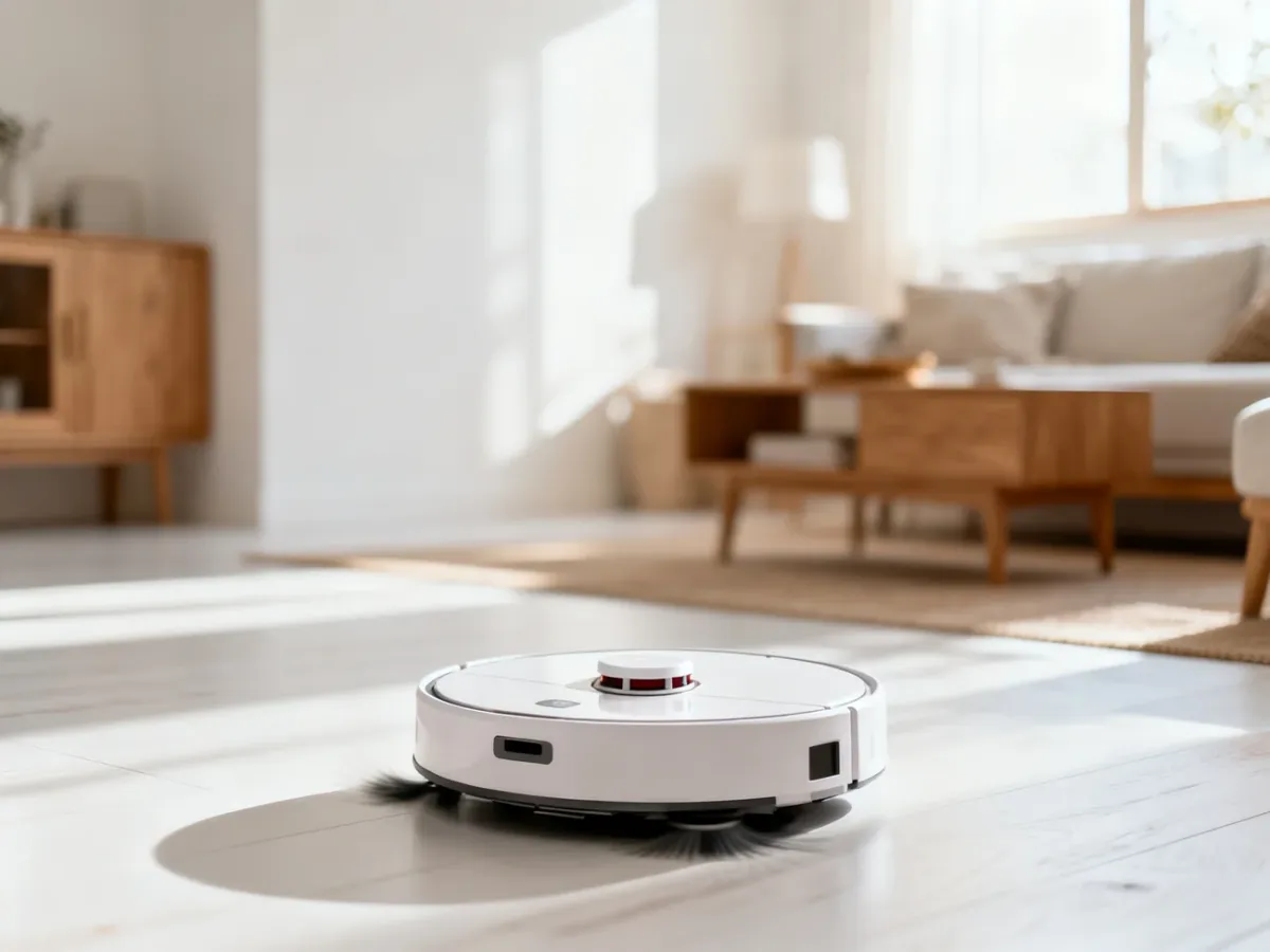 Nowoczesny robot sprzątający pracujący na podłodze w jasnym, minimalistycznym salonie.
