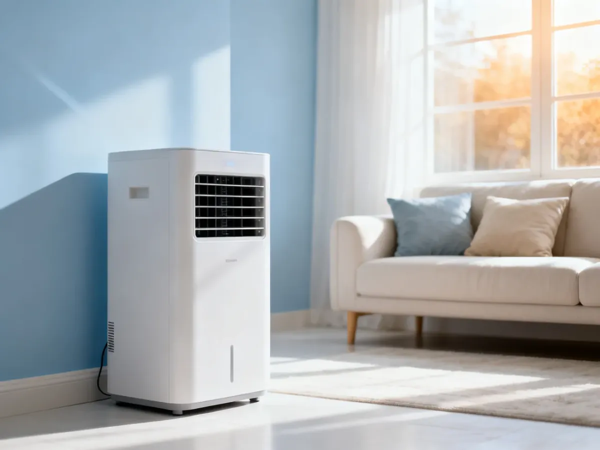 Nowoczesny klimatyzator przenośny w jasnym, przytulnym salonie, zapewniający komfortową temperaturę w domowym wnętrzu.