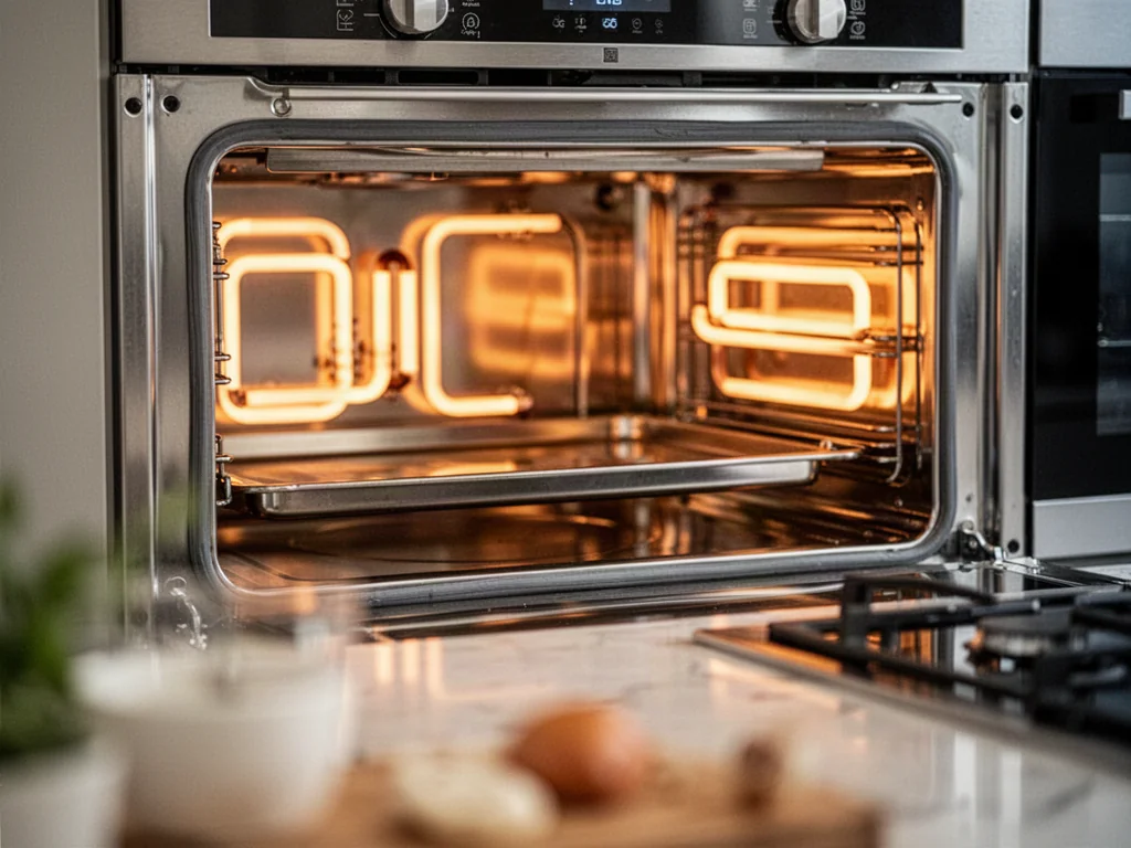 Wnętrze nowoczesnego piekarnika ze świecącymi grzałkami, gotowe do rozpoczęcia pieczenia.