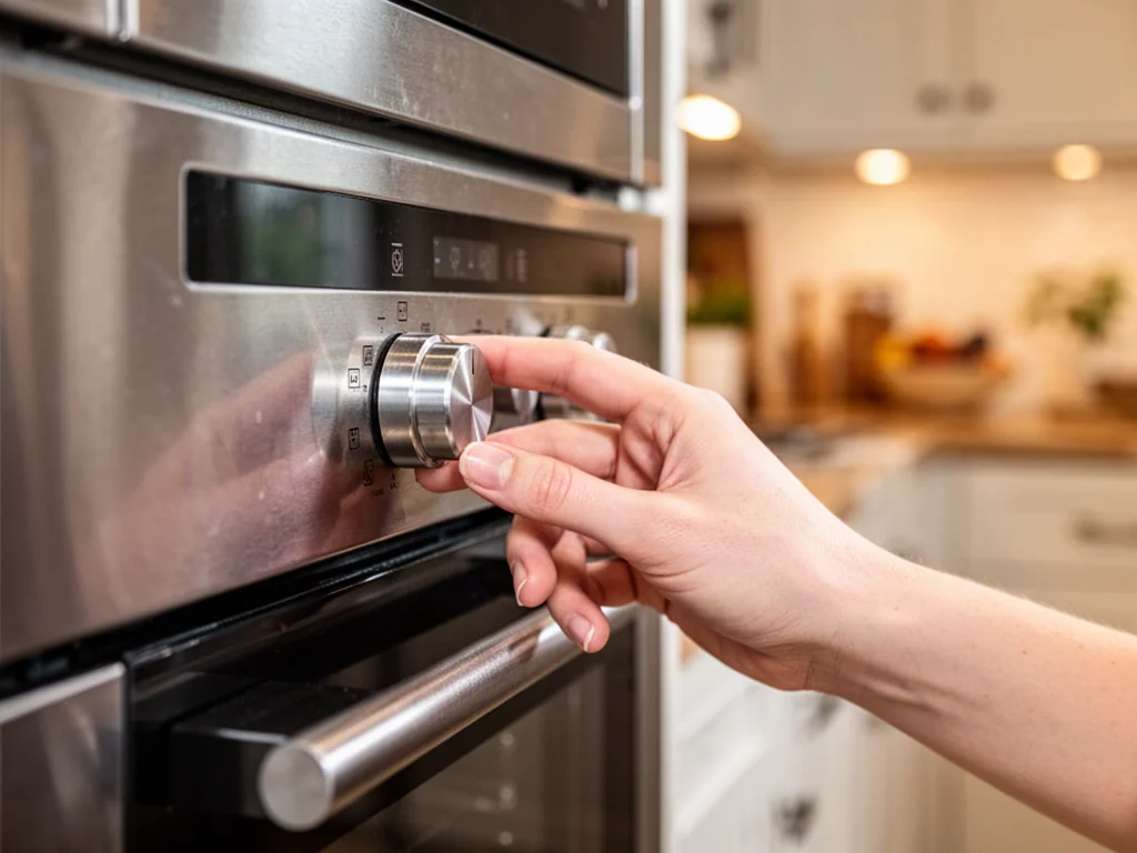 Dłoń ustawiająca pokrętło na panelu sterowania piekarnika Mastercook w nowoczesnej kuchni.