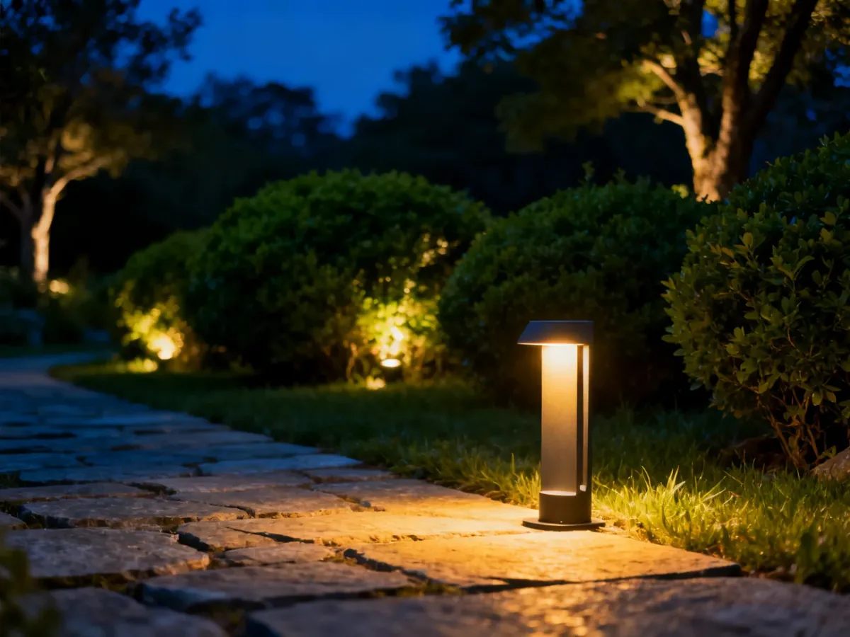 Nowoczesna lampa ogrodowa oświetlająca kamienną ścieżkę w przytulnym ogrodzie o zmierzchu, tworząc nastrojowy klimat.