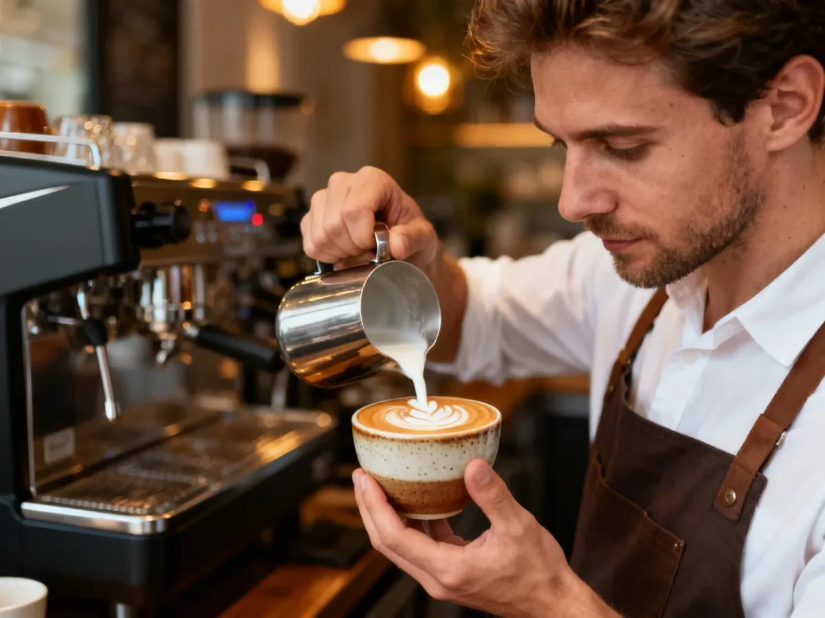 Barista wylewający spienione mleko do filiżanki kawy, tworzący wzór latte art w przytulnej kawiarni.