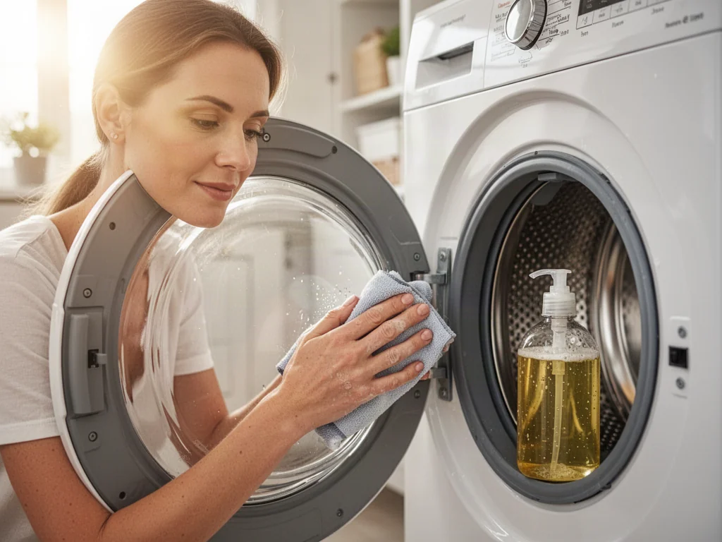 Kobieta czyści uszczelkę pralki przy użyciu domowych środków czyszczących w jasnej, nowoczesnej pralni.