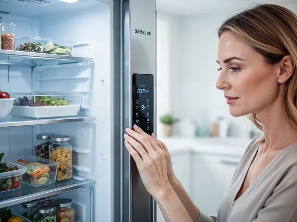 Kobieta ustawia temperaturę na cyfrowym panelu nowoczesnej lodówki Samsung w minimalistycznej kuchni.