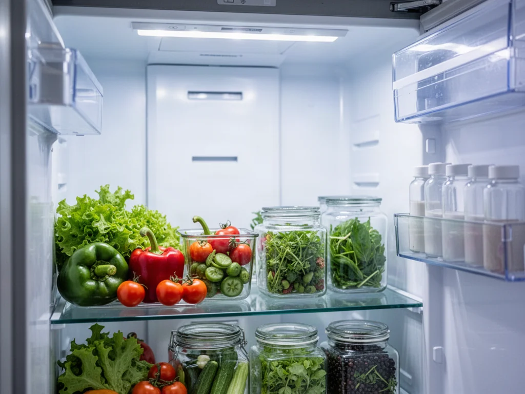 Wnętrze nowoczesnej lodówki z uporządkowanymi produktami spożywczymi na szklanych półkach i w pojemnikach.