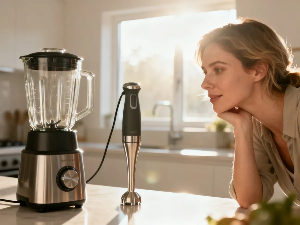 Kobieta w nowoczesnej kuchni porównuje blender kielichowy z ręcznym, zastanawiając się nad wyborem odpowiedniego urządzenia.