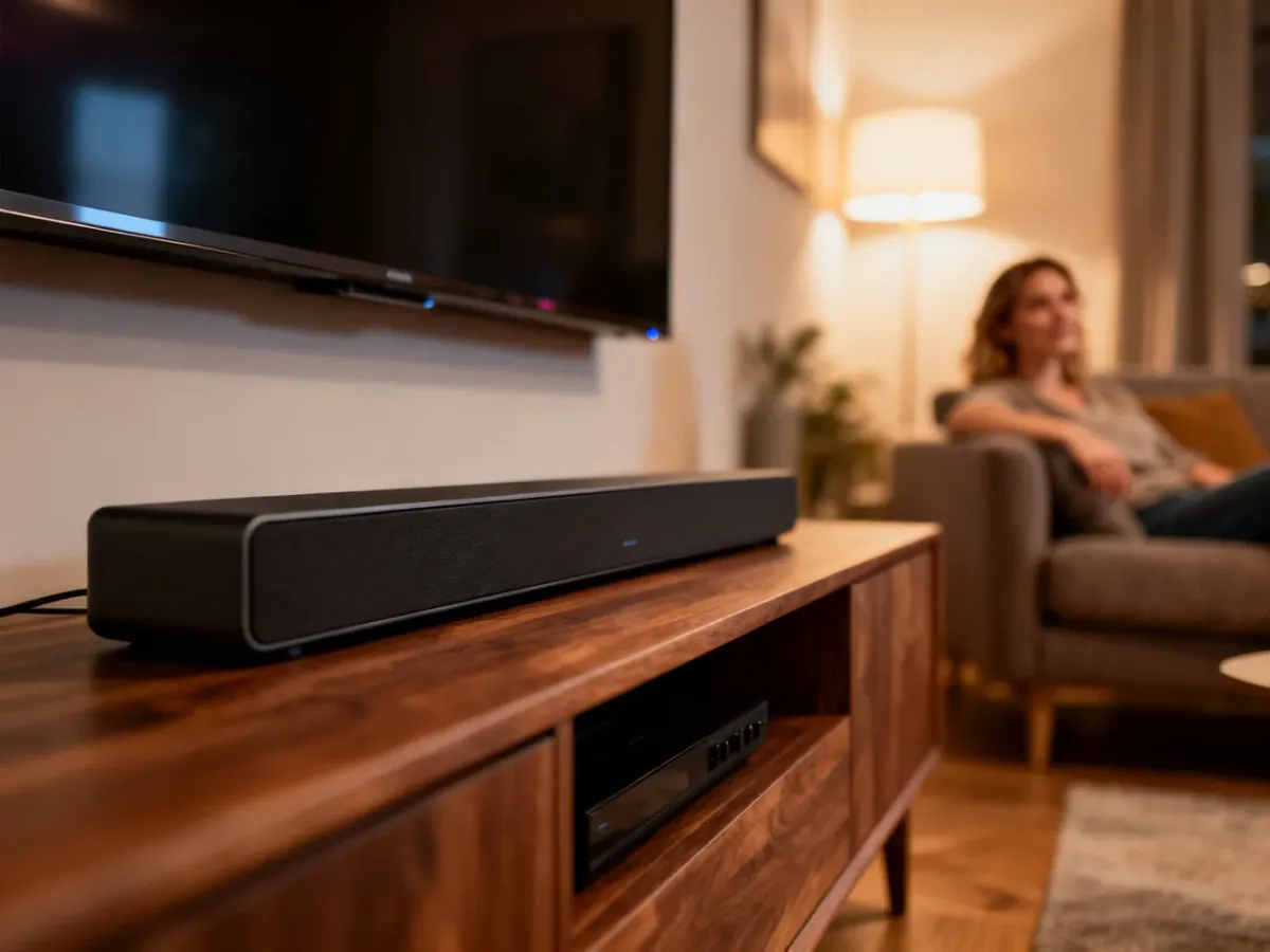 Elegancki soundbar umieszczony na drewnianej szafce pod telewizorem w nowoczesnym salonie.