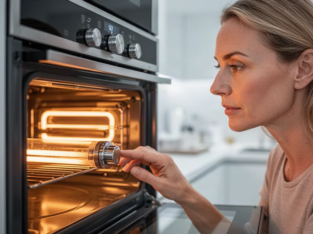 Kobieta ustawia temperaturę w nowoczesnym piekarniku elektrycznym z rozgrzanymi elementami grzewczymi.