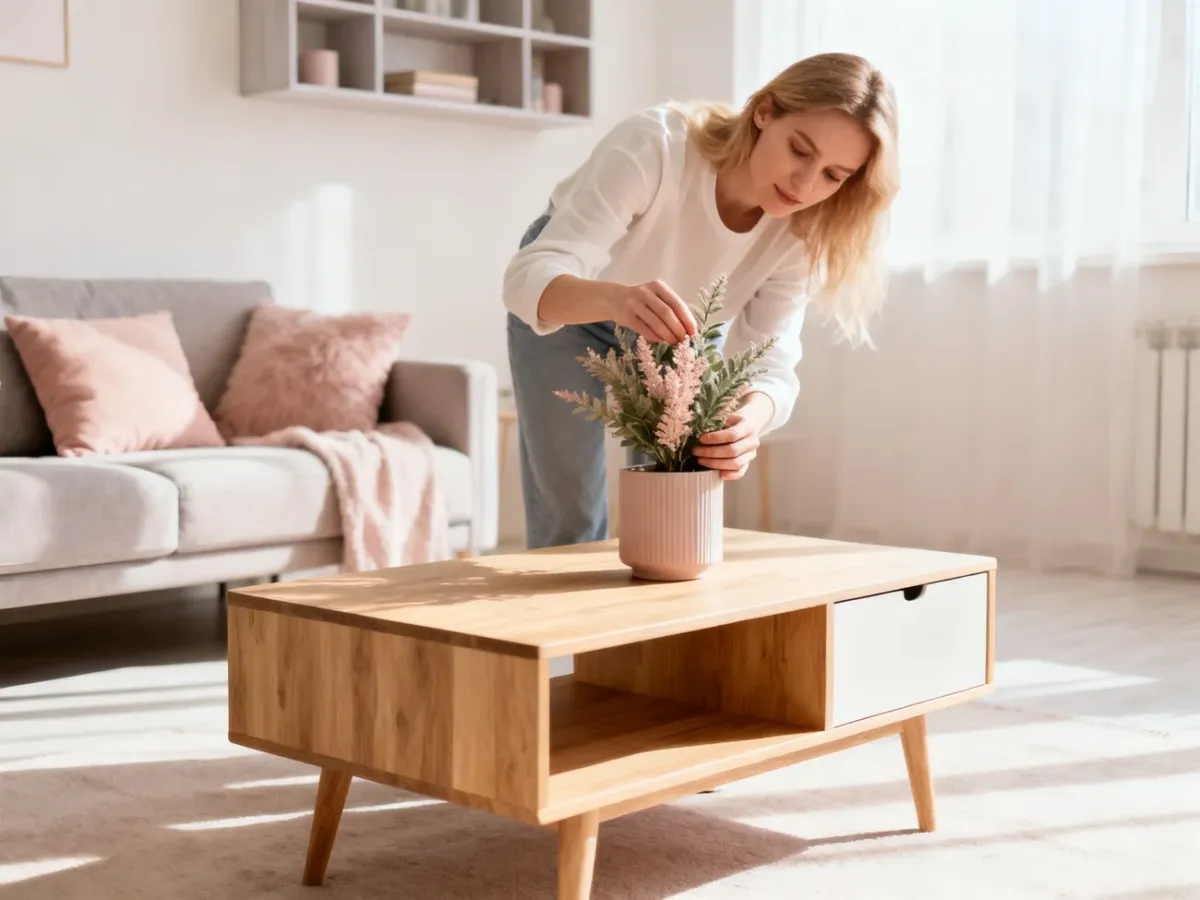 Jasne, minimalistyczne studio z wielofunkcyjnym stolikiem i przytulnym kącikiem wypoczynkowym, prezentujące aranżację małego wnętrza.