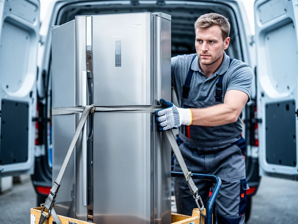Pracownik w rękawicach roboczych zabezpiecza lodówkę pasami na wózku transportowym przed załadunkiem do samochodu.